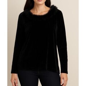 Chico's BLACK Size 3 Sweater Scooped Neck Pullover Feather Neckline Trim Party
